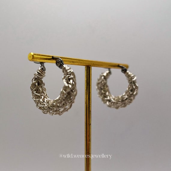 Hand-knitted Silver Mini Hoop Earrings: Sterling Silver plated Stainless Steel Huggies, Handmade Jewellery Gift for Crochet Lover