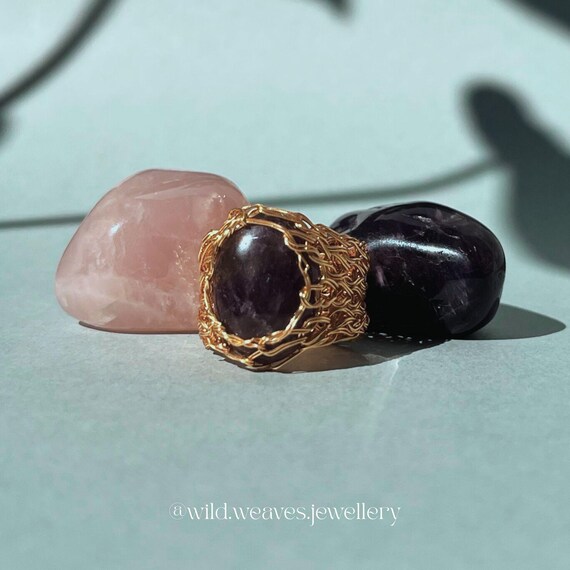 Hand-knitted Gold Amethyst Ring: Handmade 18k Plated Wire Cocktail Ring, Purple Gemstone Jewelry Gift for Her & Him