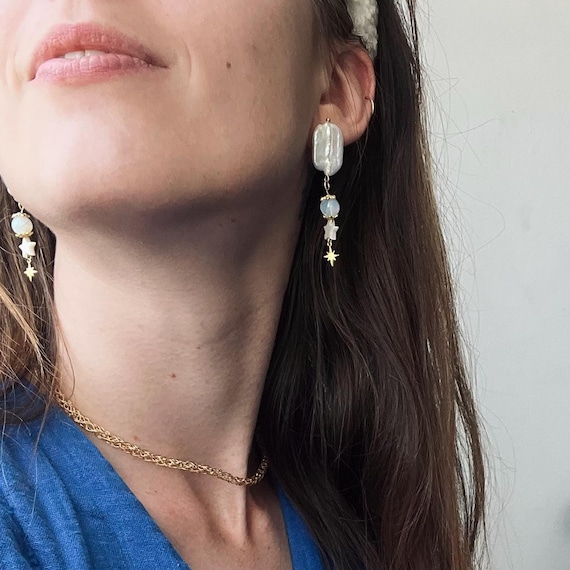 Star Pearl Drop Earrings: 24k Gold Plated Celestial Dangles with Keshi Pearls, Mother of Pearl & Opal | Statement Birthstone Jewelry Gift