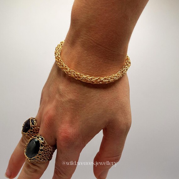 Handknitted Gold Bangle: 18k Gold Plated Bracelet, Sterling Silver or Mixed Metal Wire Filigree, Handmade Minimalist Unisex Jewelry Gift