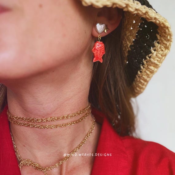 Red Fish Earrings with Heart Pearl: 24k Gold Plated Ceramic Dangle Earrings, Handmade Ocean Jewelry, Statement Drop Earrings