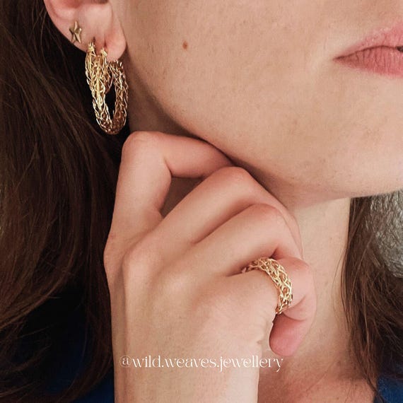 Gold Hoop Earrings 18k Gold Plated: Handmade Textured Hand-Knitted Medium Hoops, Modern Statement Artisan Jewellery Gift for Her