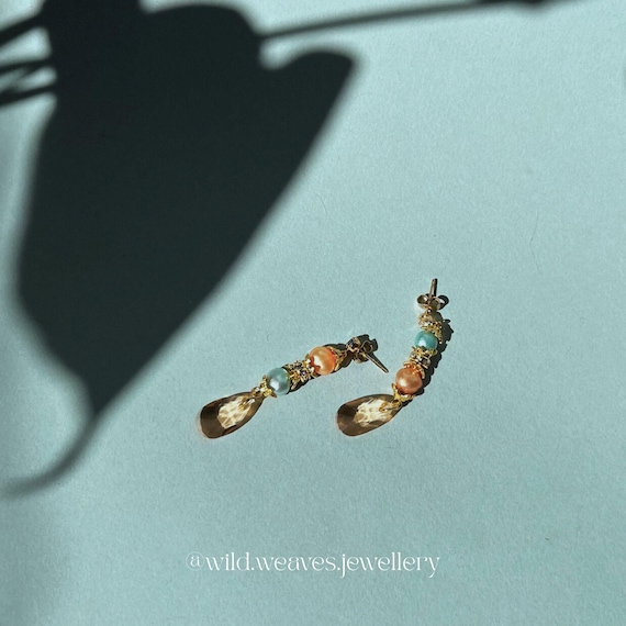 Showgirl Orange & Baby Blue Pearl Drops: 18k Gold Plated Dangle Earrings with Cubic Zirconia, Handmade Jewellery Gift for Swiftie Bestfriend