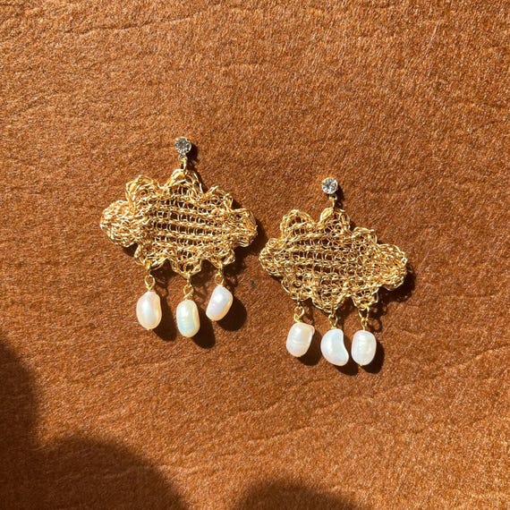 Gold Cloud Knitted Earrings with Baroque Pearls: 18k Gold Plated Statement Dangles, Nature-Inspired Witchy Jewelry Gift for Her