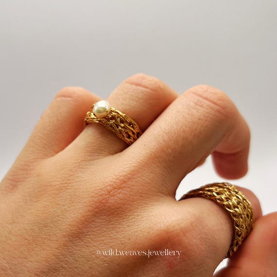 Dainty Gold Knitted Pearl Ring: 18k Gold Plated Minimalist Stacking Ring, Handmade Elegant Jewelry Gift for Her