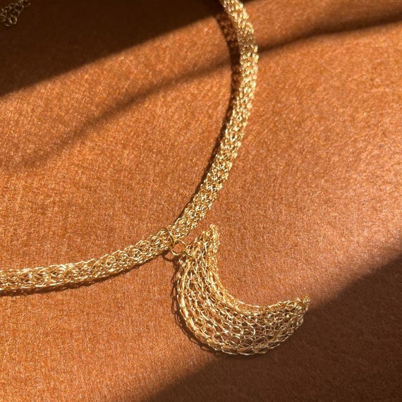 Gold Moon Necklace Choker: 18k Gold Plated Knitted Boho Princess Necklace, Celestial Jewelry, Handmade Minimalist Gold Moon Choker