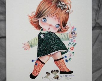 Adorable 1960's Art Print Big Eyed Girl with Flowers and Mice by Fallarda Printed in Spain
