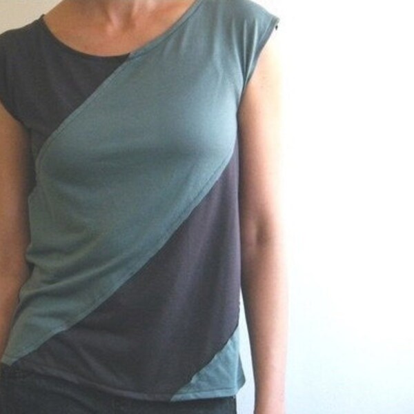 SALE Shirt, Diagonal top in green and charcoal jersey