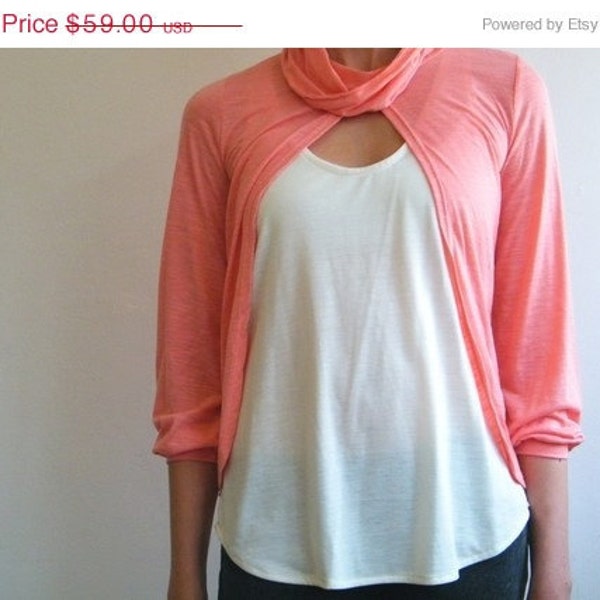 25% off SALE Free shipping - Salmon pink coral top with shawl collar.