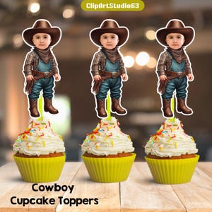 Cowboy Custom Face Cupcake Toppers, Baby Photo Cupcake Toppers, Western Birthday Decor, Digital File