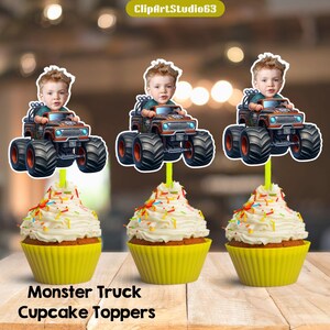 Monster Truck Personalized Face Cupcake Toppers, Boy Face Cupcake Toppers, Birthday Decor, Digital File