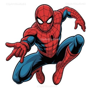 Puede incluir: Ilustración de Spider-Man en una pose dinámica, agachado y extendiendo la mano. El superhéroe está vestido con un traje rojo y azul con un patrón de telaraña. Un emblema de araña negra está en el pecho. Estilo de dibujos animados.