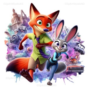 Puede incluir: Ilustración digital vibrante de Nick Wilde, un zorro, y Judy Hopps, una coneja, de Zootrópolis. Nick lleva camisa y corbata verdes, Judy un uniforme azul. El fondo incluye otros personajes y paisajes urbanos.