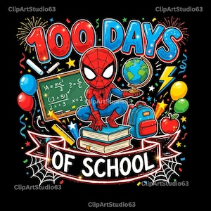 以下が含まれることがあります： スパイダーマンの漫画のキャラクターが登場する、100日間の学校を祝うカラフルなグラフィック。デザインには、「100 DAYS OF SCHOOL」というテキスト、地球儀、本、バックパック、学校用品が黒い背景に描かれています。