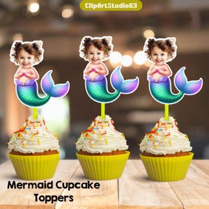 Mermaid Custom Face Cupcake Toppers: Birthday Party Decor (Digital File)
