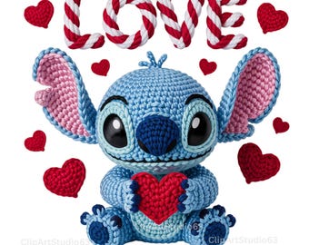 Stitch Valentine Cartoon Alien Coquette PNG: Pink Cartoon Couple Faux Yarn Valentine Shirt Design, Cute Retro Love PNG, Digital Download
