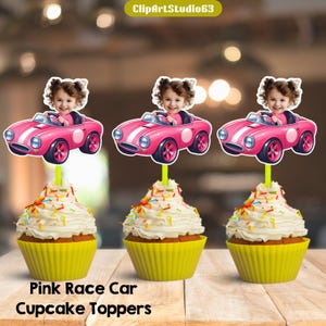 Pink Race Car Photo Cupcake Toppers Personalized, Girl Face Toppers, Racing Birthday Party Decor