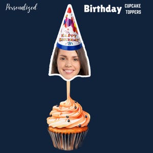 Personalized Photo Birthday Cupcake Toppers with Party Hats (Digital File)