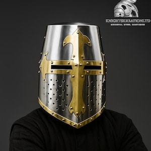 Medieval Steel Great Knight Templar Brass Cross Helmet-Larp Knight Crusader Helmet