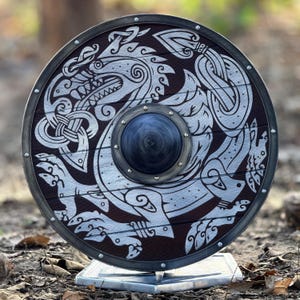 King Fenrir Gray Wooden Shield | Authentic Battleworn Viking Shield for Norse Mythology & Valhalla Warriors | Medieval Decor
