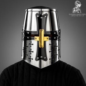 Medieval Steel Great Knight Templar Black Cross Helmet-Larp Knight Crusader Helmet
