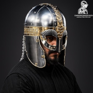 Gjermundbu Viking Helmet Anglo-Saxons Medieval Knight Steel Helmet With Chainmail & Wooden Stand