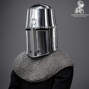 Medieval Steel Great Knight Battle Templar Helmet With Avainail-Larp Knight Crusader Helmet- Larp Templar Cross Helmet - Gift For Him