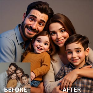 Retrato de desenho animado personalizado no estilo Pixar | Arte digital personalizada de casais, famílias e animais de estimação | Ilustração de presente exclusiva | Pixar 3D