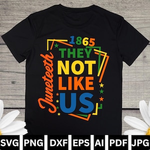 Könnte beinhalten: Schwarzes T-Shirt mit dem Text "1865 THEY NOT LIKE US" in bunten Buchstaben. Das Wort "Juneteenth" ist vertikal in orangefarbener Schrift geschrieben. Das Design beinhaltet Sterne und geometrische Formen.