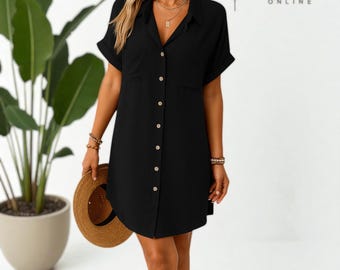 button up short dress Qunyiney Womens Summer Dresses Short Sleeve Cotton Mini Shirt Dress Casual Solid Button Down Collared Slim Fit Dresses, Women's, Size: 2XL, Green