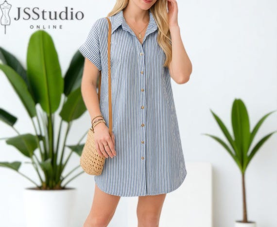 Striped A-Line Shirt Dress - Button-Up Viscose Summer Dress for Women | Casual Loose Fit Travel Outfit | Short Sleeve Lightweight Tunic