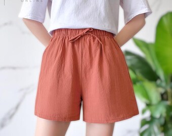 High Waisted Cotton Linen Shorts for Women with Pockets | Loose Fit Summer Casual Shorts | Breathable Lightweight Bottoms