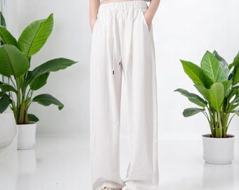 Wide Leg Linen Look Pants - Women's Drawstring Trousers