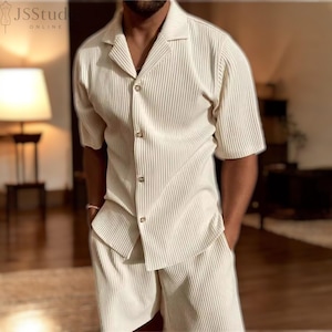 Men&#39;s Corduroy Summer Set - Short Sleeve Button Up Shirt and Shorts, 2-Piece Casual Outfit, Trendy Vacation Wear, Lightweight Lounge Set