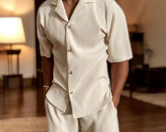 Ensemble estival en velours côtelé pour homme - Chemise boutonnée à manches courtes et short, Tenue décontractée 2 pièces, Vêtements de vacances tendance, Ensemble lounge léger