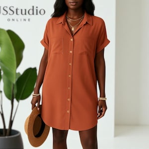 Rust Orange Shirt Dress – Button-Up Summer Tunic for Women | Lightweight Viscose Casual Fit | Short Sleeve Travel-Friendly A-Line Dress