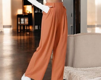 Wide Leg Palazzo Pants - High Waisted Pleated Trousers - Recycled Polyester Cotton - Casual Maxi Pants for Women - Elegant Loose Fit