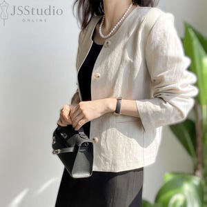 Linen Cropped Jacket for Women – Button Down Summer Cardigan Blazer – Lightweight Natural Linen Outerwear – Elegant Minimalist Look