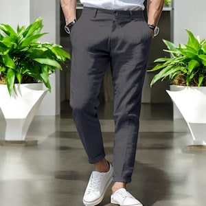 Men’s Linen Cotton Pants, 9/10 Length Elastic Waist Trousers, Casual Loose Fit Summer Pants, Breathable Lightweight Everyday Wear