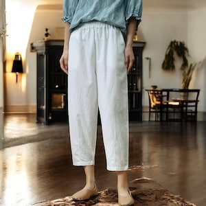 Women’s Wide Leg Cotton Linen Pants | Boho Loose Trousers with Elastic Waist | Lightweight Fall Lounge Pants | Minimalist Casual Outfit