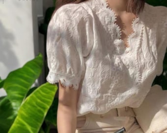 White Lace Blouse, Summer V-Neck Blouse, Women’s Short Sleeve Top, Elegant Boho Shirt, Casual White Top, Gift for Her, Linen Style Blouse