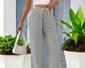 Pantaloni a gamba larga a righe - Pantaloni palazzo a vita alta - Pantaloni estivi fluidi - Pantaloni casual con elastico in vita per donna - Vestibilità ampia e leggera