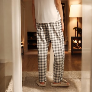 Women&#39;s Boxy Gingham Cotton Pants – High Waisted Wide Leg Lounge Pants, Relaxed Fit Pajama Bottoms, Summer Stylish Sleepwear