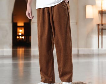 Mens Corduroy Trousers Retro Wide Leg Pants Relaxed Fit Cord Pants Vintage 60s Style Casual High Waisted Loose Fit