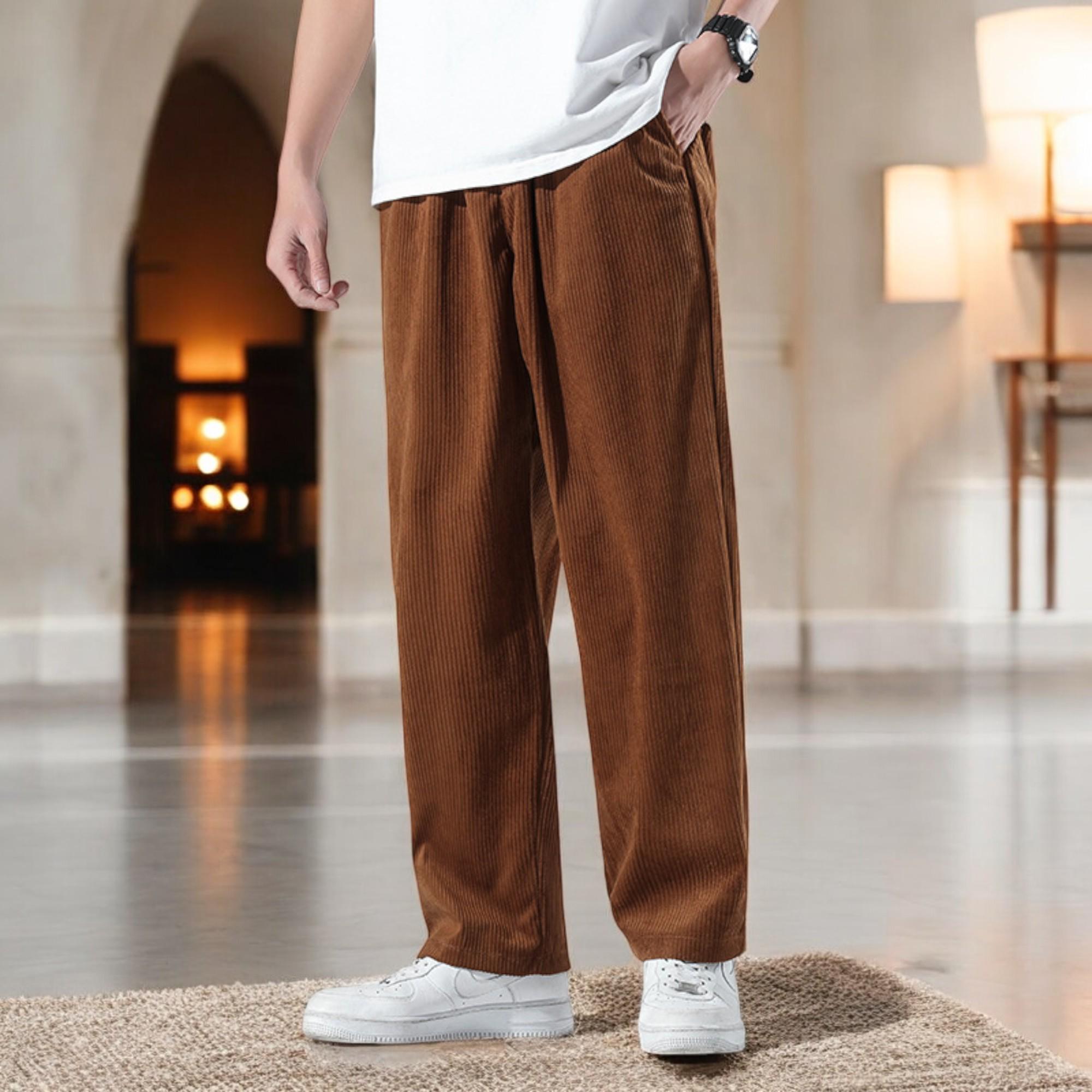 Mens Corduroy Trousers Retro Wide Leg Pants Relaxed Fit Cord
