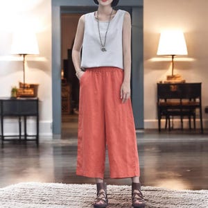 Linen Culottes with Raw Edge | High Waist Loose Fit Linen Pants | Soft Wide Leg Trousers | Minimalist Women&#39;s Linen Pants | Gift for Her