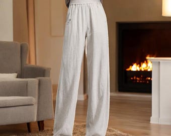 Pantaloni larghi in lino da donna, pantaloni larghi a vita alta, leggeri e traspiranti, abbigliamento estivo casual, comodi pantaloni con elastico in vita