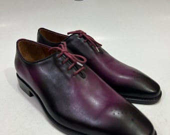 Lila Patina Leder Oxford Schuhe, Herren handbemalter Abendschuh
