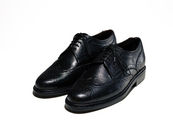 Men's Black Leather Wingtip Oxford Shoes – Handmade Brogue Dress Shoes – Formal Business Wedding Footwear – Classic Lace-Up