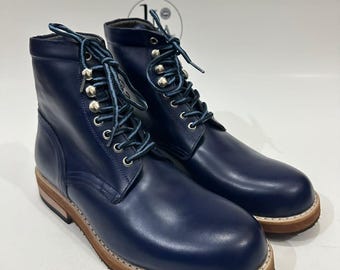 Bottines hautes bleues pour hommes en cuir faites main | Bottines habillées à lacets faites main | Bottes de travail sur mesure